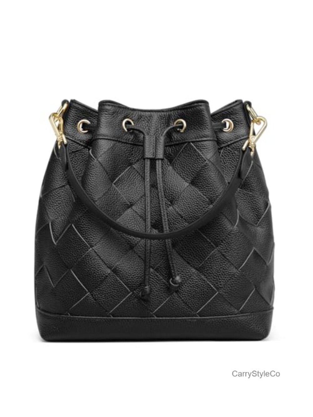 Handwoven Top Grain Pebbled Cowhide Leather Bucket Bag Drawstring Crossbody